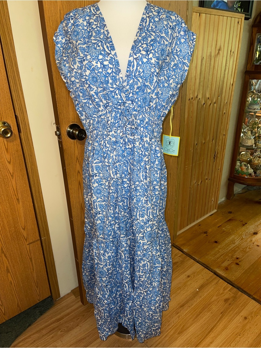 CeCe Blue and White Floral V-Neck Maxi Dress